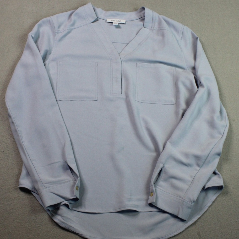 Nine West Blouse Womens Medium Blue Long Sleeve V-Neck Pocket High Low Top